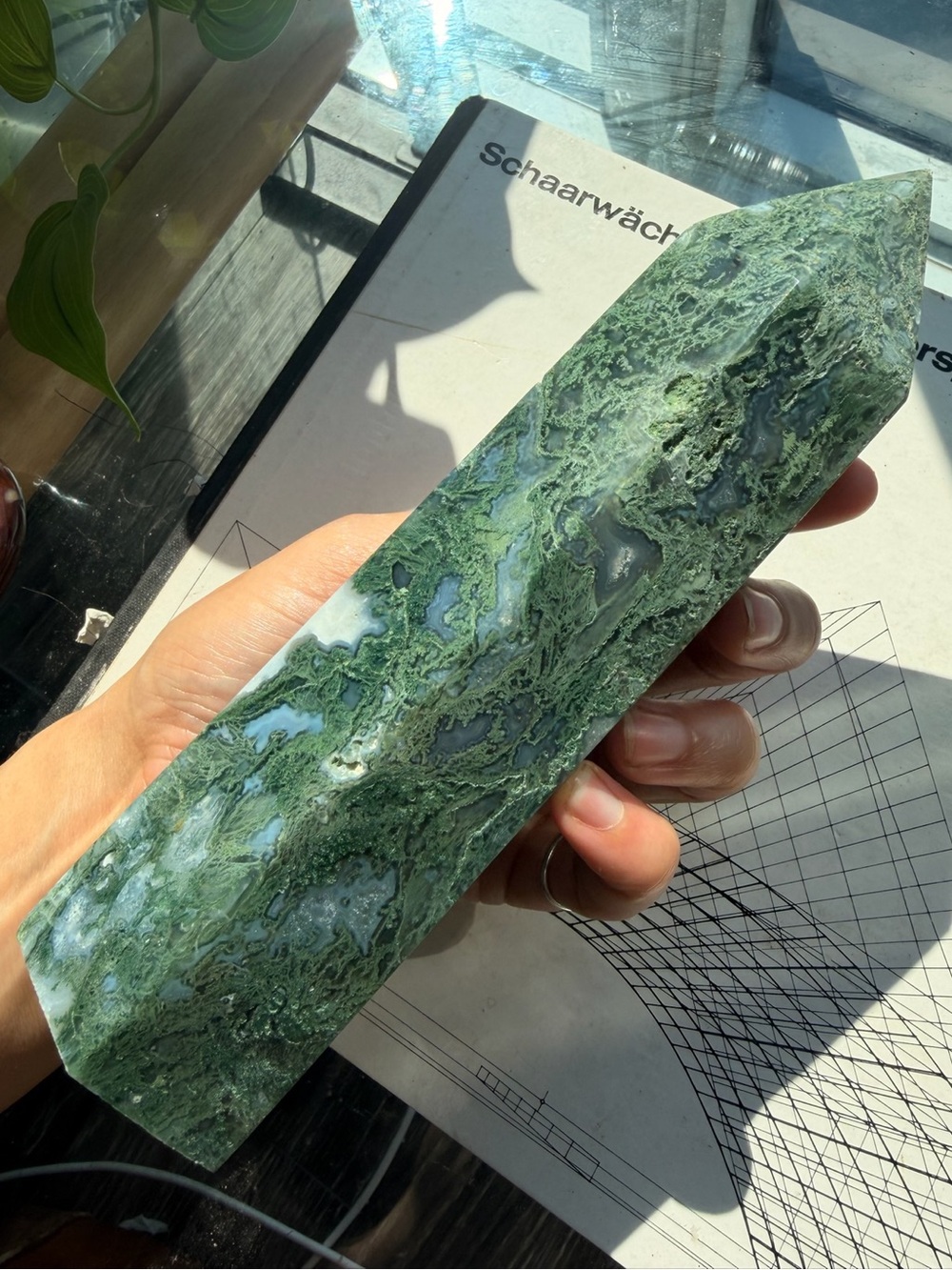 XL Moss Agate Tower | Large 8” Crystal Point | Green Agate Statement Piece